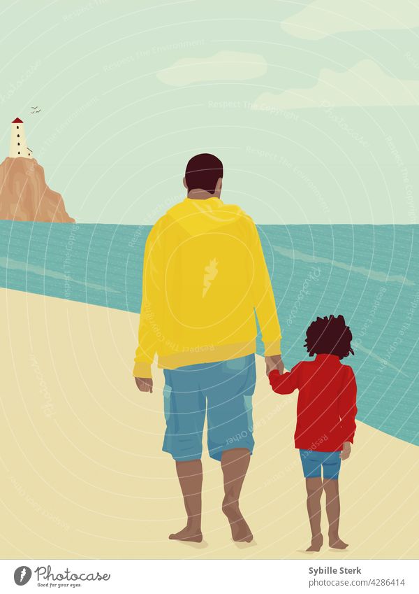 Father and son walking hand in hand on the beach father parent seaside lighthouse barefoot waves blue sky holiday summer happy happy family bonding love dad