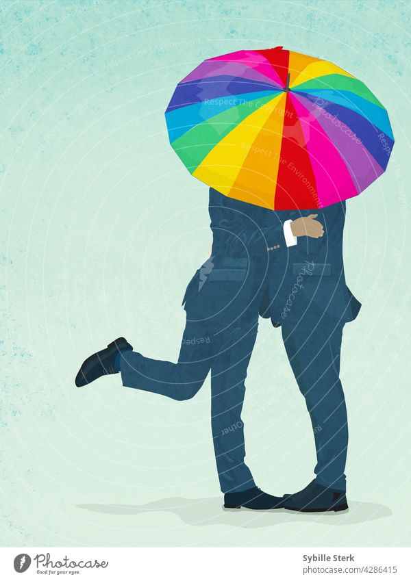 Happy couple at a gay wedding (men) with rainbow umbrella marriage same sex marriage umrbrella happy cute future love romance happiness relationship partners