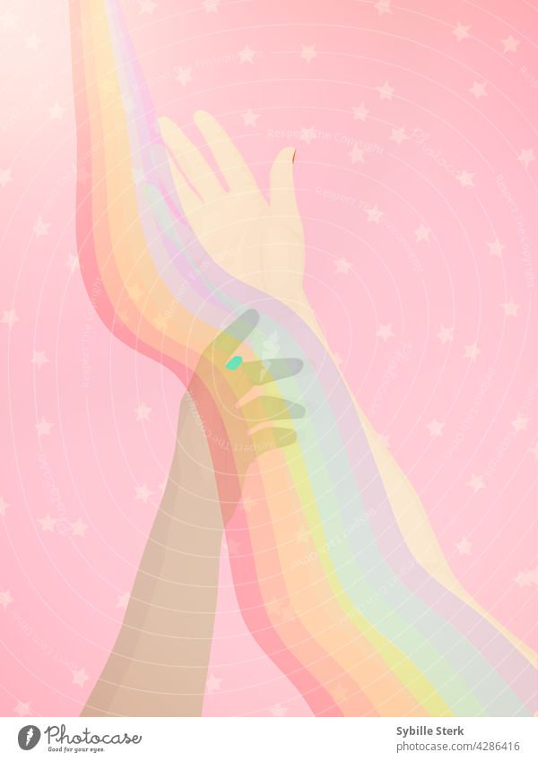 Loving hands covered in rainbow light and stars magic love mixed race mixed ethnicity white african black woman gay homosexual same sex love pride beauty