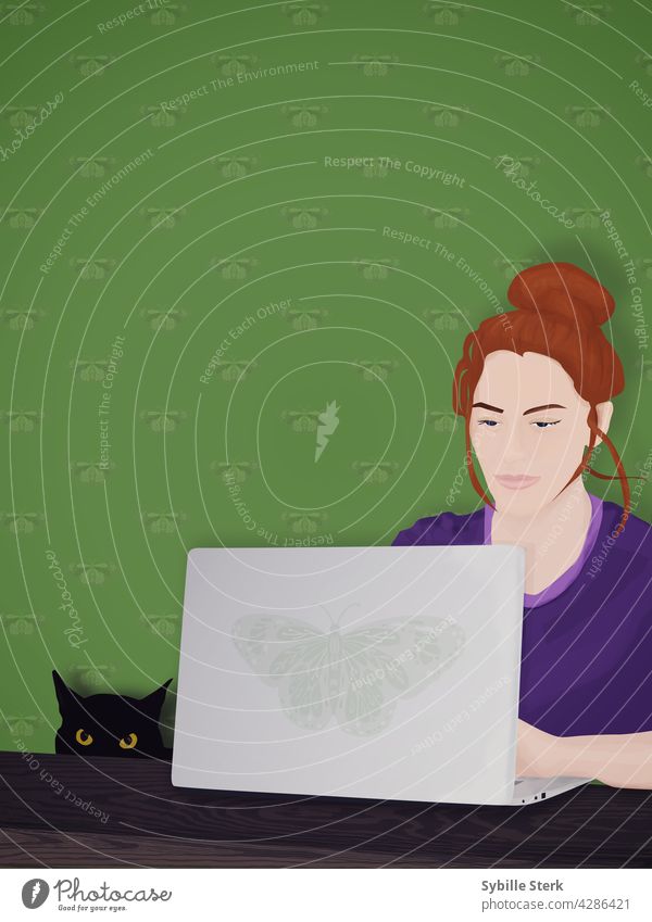 Woman working from home with black cat companion laptop woman young woman red hair moth feline rainbow happiness lifestyle computer technology online attractive