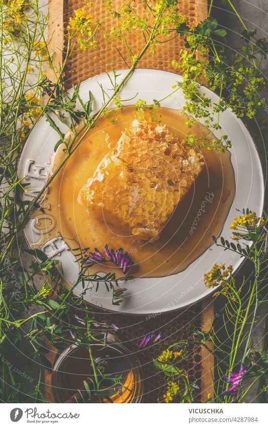 Fresh honey with honeycomb on plate surrounded by wild flowers and jar. Natural, organic food concept. Dark concrete background. Top view fresh natural dark
