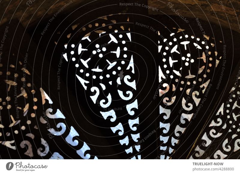 A stylized flower made of cast iron forms the motif for the narrow, openwork steps of the narrow spiral staircase that leads up through one of the 4 corner towers to the viewing platform of the Nikolai Church in Potsdam.