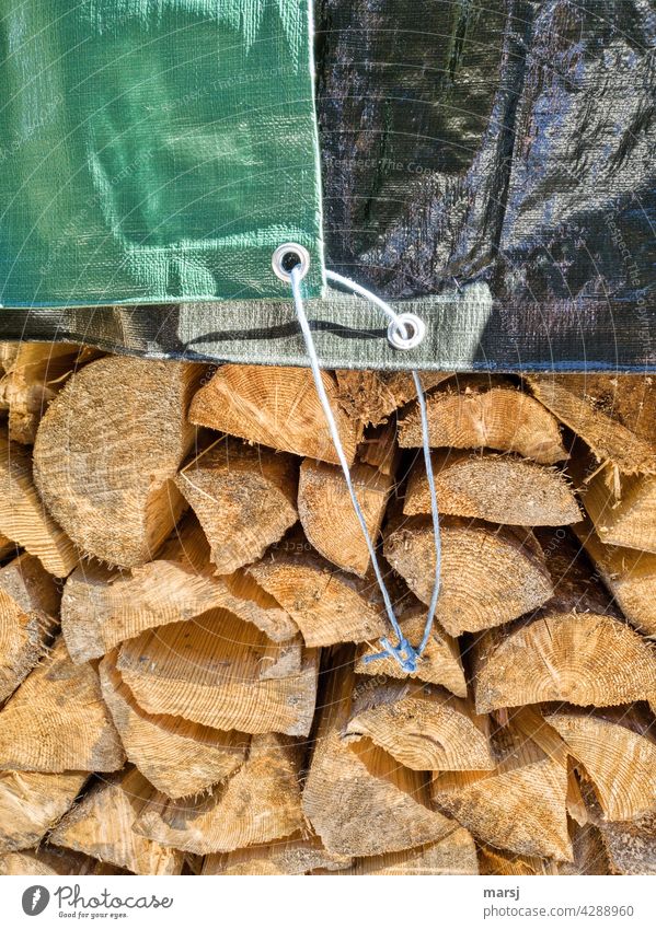 Black-Green Coalition. Protective tarpaulins protecting a stack of firewood from rain. Stack Stack of wood reinforced Safety Protection Fuel Firewood stacked