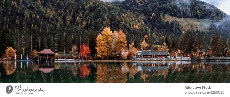 Reflection of mountain and trees on lake in dolomite forest water tourism landscape beautiful village colorful travel nature panorama park dobbiaco trentino
