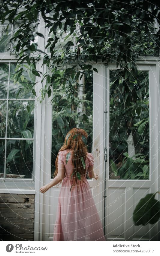 Woman in long dress standing near doorway of glasshouse woman plant garden hothouse foliage grow lush vegetate female natural growth fresh long hair young