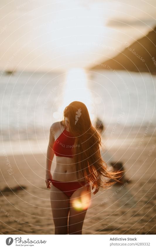Anonymous woman in swimwear on beach swimsuit coast shore sea recreation tropical summer female seashore leisure slim red resort ocean seaside sand water nature