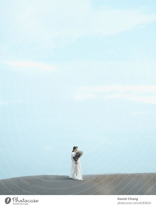 Bride On The Sand Wedding Woman Beautiful Beach Romance marry Feminine Adults 1 18 - 30 years Summer Sky Coast Clouds Clouds in the sky Cloudless sky lonely