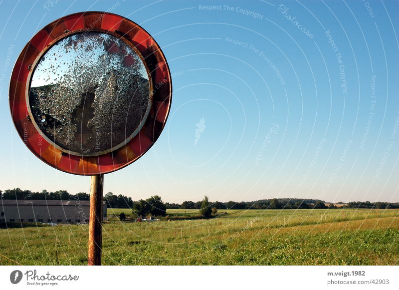 Mirror, mirror in the wide land Colour photo Exterior shot Copy Space right Evening Landscape Cloudless sky Beautiful weather Meadow Village Building Road sign
