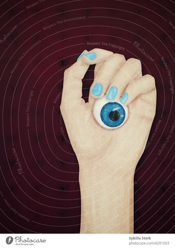 Hand holding an eye that is starting to growing into the palm hand seer blue nails creepy spooky all seeing eye mystic magic mystery witch sorceress horror