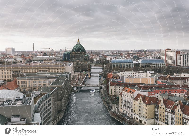 View from above on the Spree; city palace and cathedral Berlin ship Bridge Capital city Architecture Germany Deserted Downtown Tourist Attraction Sightseeing