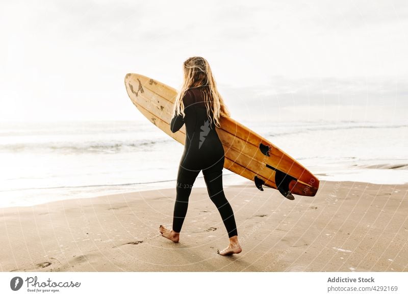 Female surfer walking at the beach with surfboard woman nature sunset wave outdoors wetsuit seacoast female sportswoman surfing hobby ocean seaside calm water
