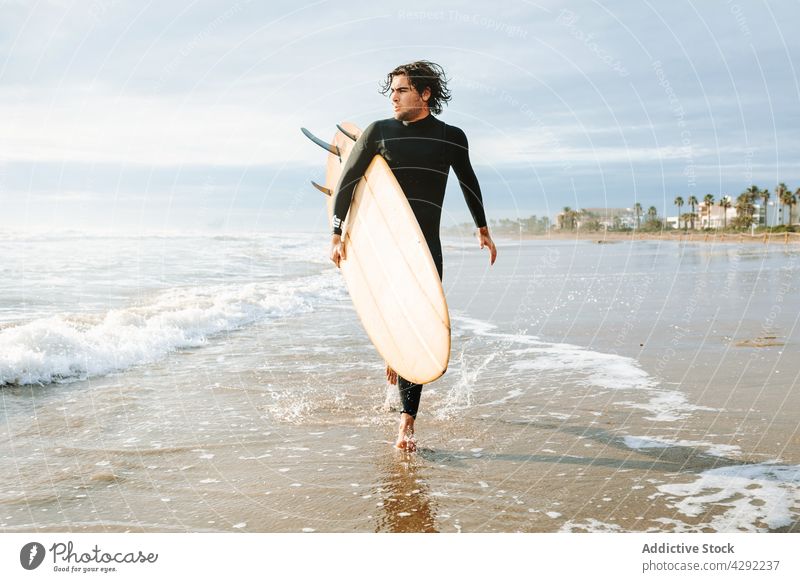 Surfer at the beach with surfboard man nature sunset wave outdoors walk wetsuit seacoast male sportsman surfing hobby surfer ocean seaside calm excited catch