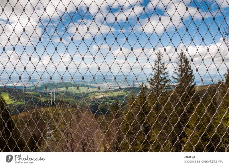 Limited view Nature Black Forest Vantage point Summer Beautiful weather Clouds Hill Horizon Tree Fence Border Boundary Structures and shapes farsightedness