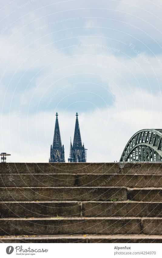 Districts Cologne Dome Cologne Cathedral Rhine Bridge Tourist Attraction Landmark Skyline Town Exterior shot Colour photo Deserted Germany Minimalistic Church