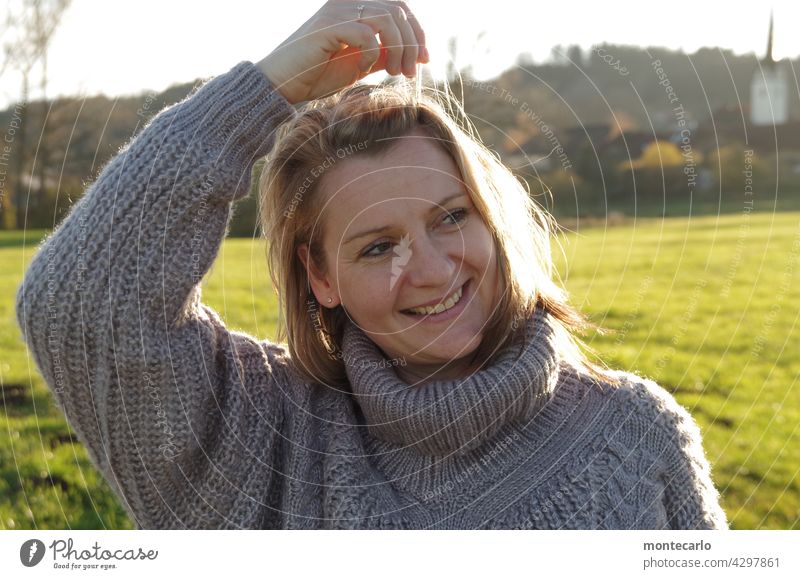Autumn sun and a happy smile portrait autumn sun Warmth Contentment Facial expression Calm Romance balanced Serene Face eyes Life confident Blonde Moody