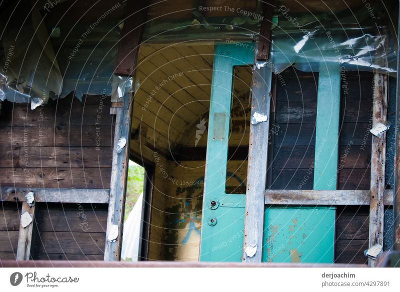 Parked and cleared out. A railroad car with a partial view of the interior. railway carriages Carriage Industry Exterior shot Colour photo Metal Transport