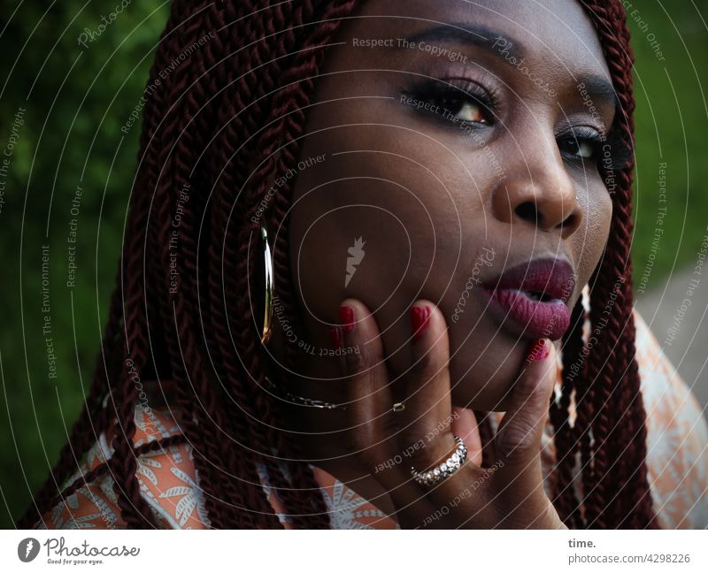 Gené, thinking Woman feminine portrait Feminine Jewellery Looking hairstyle earring Hand stop Skeptical eyeball Meditative Close-up