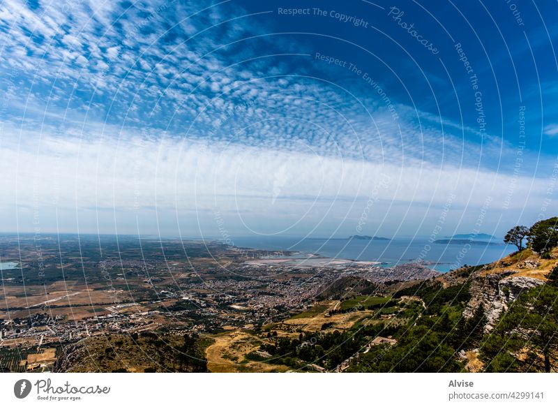 2021 06 01 Erice panorama with sky landscape sicily cloudscape nature italy travel blue view sea europe shore reserve trapani italian mediterranean bay tourism
