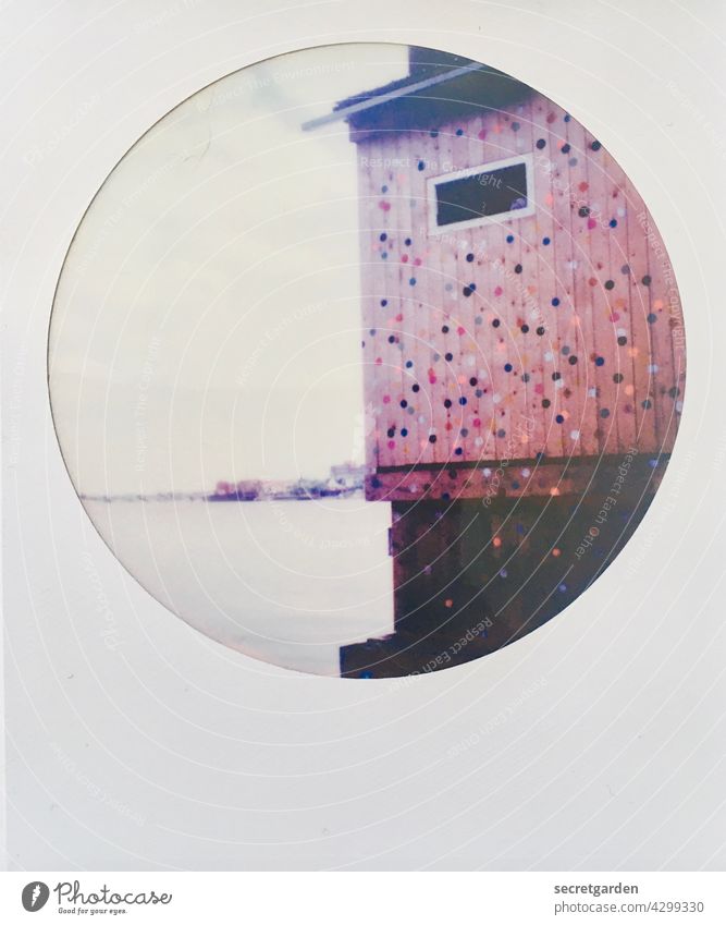 Spot landing: Favourite place Polaroid Analog Round House (Residential Structure) Building Cute Point Hut Wood Water Lake Elbe Horizon graphically Adorned