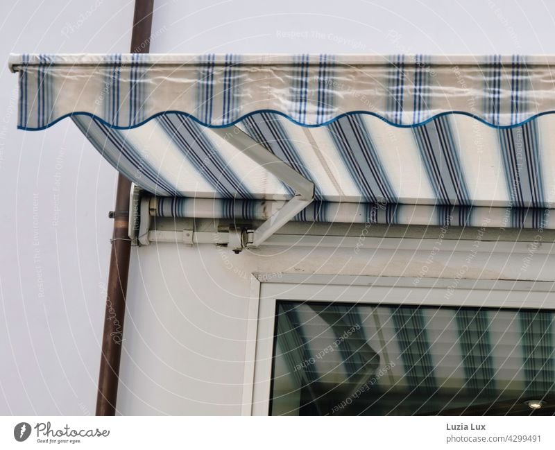Stripes and stripes: an awning is reflected in the window. It is dark in the room behind it, but the light is still on. Sun blind Window Shop window Lamp
