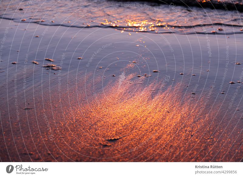 the setting sun reflects on the wet sand Sunlight reflection Sand Water Ocean Beach Twilight Sunset Sunrise detail Abstract Light texture structure background