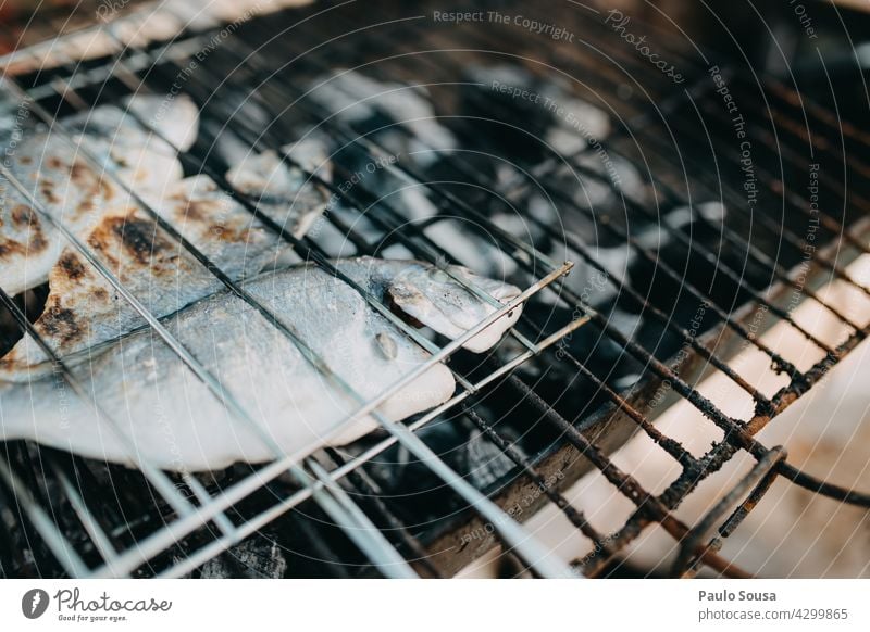 Grilling fish Fish grilled grilling BBQ BBQ season Food Fire Delicious Exterior shot Charcoal (cooking) Barbecue (apparatus) Nutrition Hot Summer Day Coal