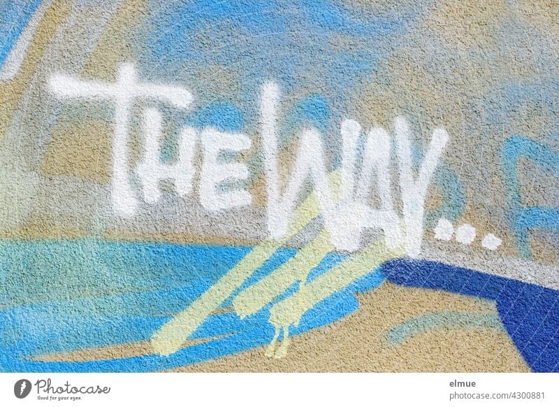 THE WAY ...   is sprayed in white on a graffiti wall / graffito / youth culture / orientation the way Graffito Graffiti White English Blue Wall (building) Spray