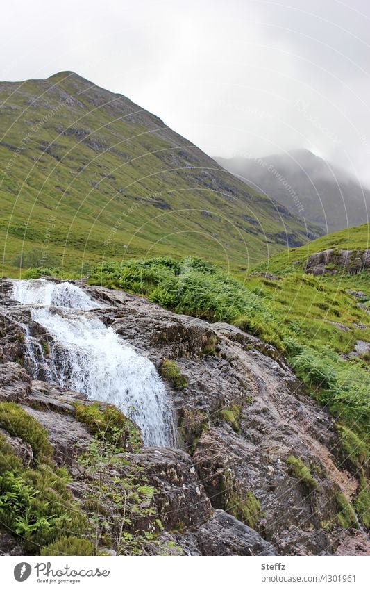 Waterfall in the Scottish hills Scotland Hill Fog Rock hilly Calm cascade tranquillity Moody Romance Northern Europe Nebestimmung foggy Nordic Water cascade