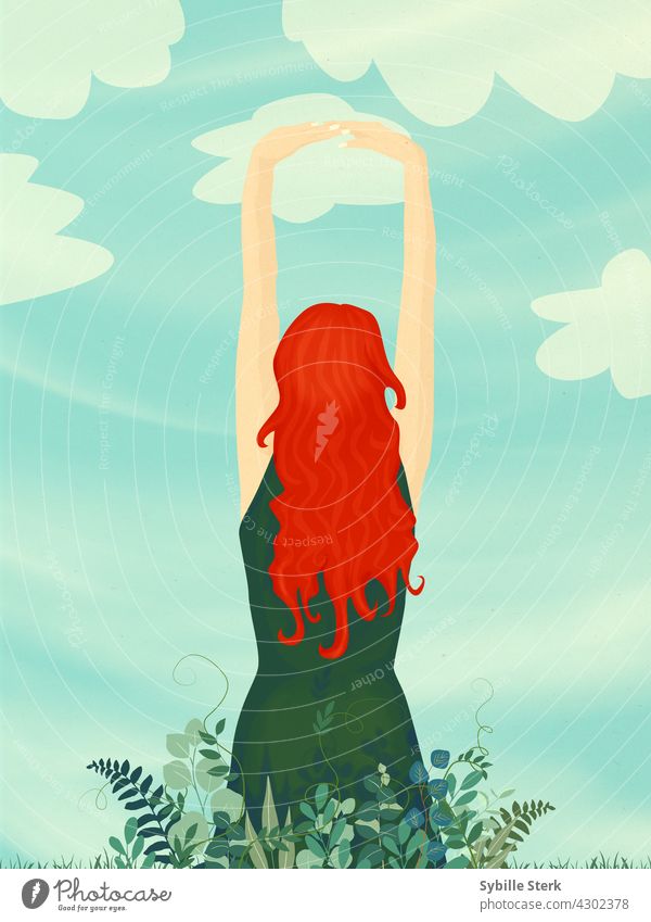 Young red haired woman reaching for the sky young woman stretching clouds leaves symbolic conceptual glass ceiling yoga career ambition natural emancipation