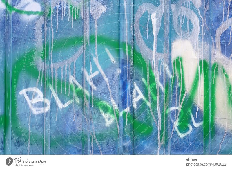 BLAH ! BLAH ! BL is sprayed in white on a graffiti wall / graffito / youth culture / talk Graffito Blah blah Graffiti White Blue Wall (building) Spray soiling