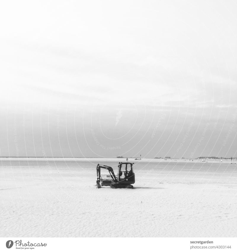 Digging at work. Or like this. Excavator Sand Black & white photo Horizon void Build Construction site Exterior shot Deserted Work and employment Workplace