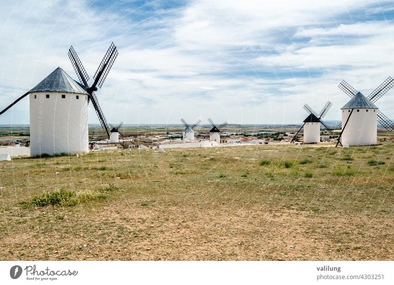 Landscape with windmills in Campo de Criptana, Spain, on the famous Don Quixote Route Castilla La Mancha Cervantes Ciudad Real Don Quijote