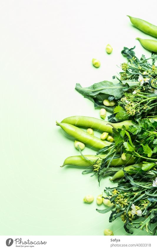 Green vegetables and herbs on pastel background market vegan grocery delivery produce monochrome beans broccoli agriculture clean diet eating food fresh green