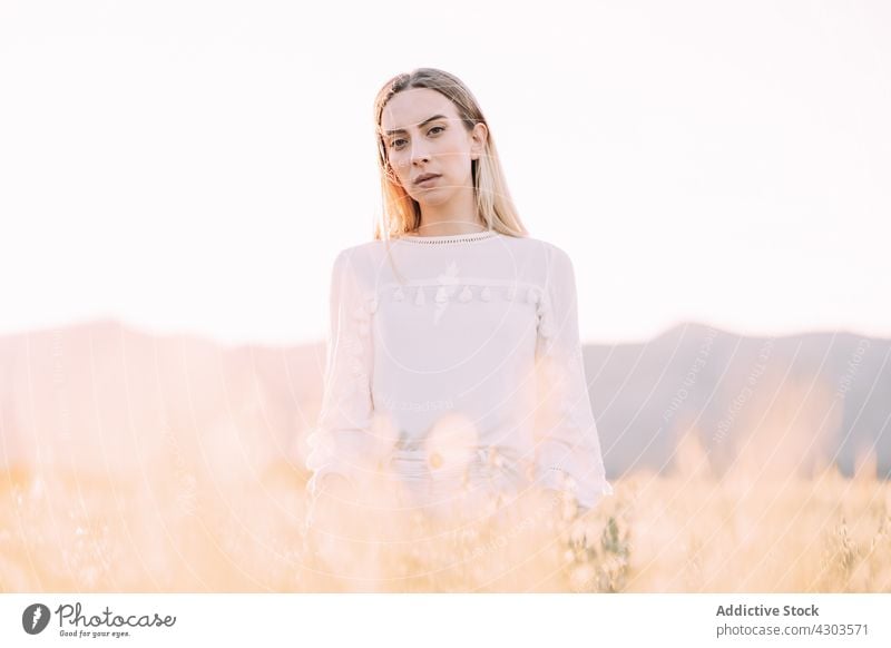 Thoughtful woman in white dress on sunny countryside field grass sunset romantic harmony freedom season tender meadow flower style rest gentle blond environment