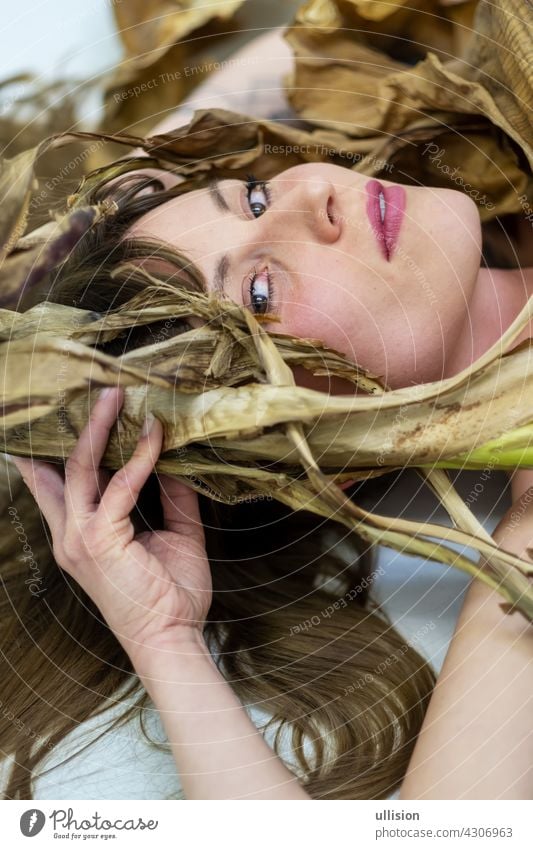 Portrait of a young sexy woman with brown hair artfully covered between leaves of a green and dry, decorative banana tree. Girl Dead plant Banana Tree arid