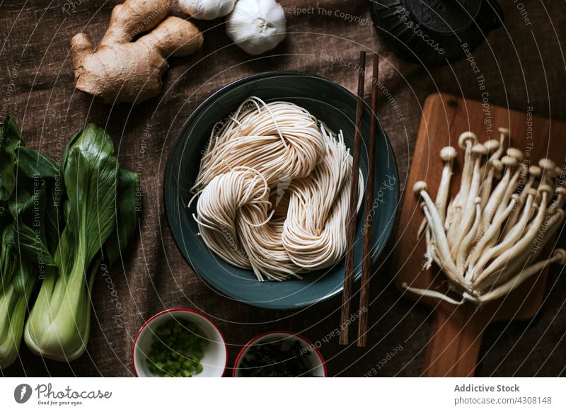 Ingredients for ramen preparation ingredient cook table tradition dish composition fresh lunch kitchen prepare homemade organic natural cuisine culinary