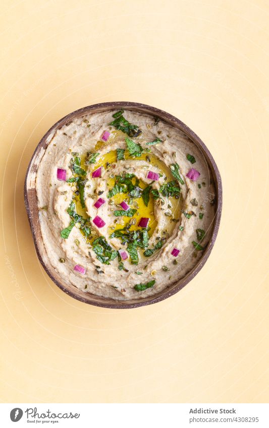 Tasty Baba ghanoush dish in bowl on table baba ghanoush tradition serve eggplant aubergine ingredient recipe tasty delicious food healthy fresh natural