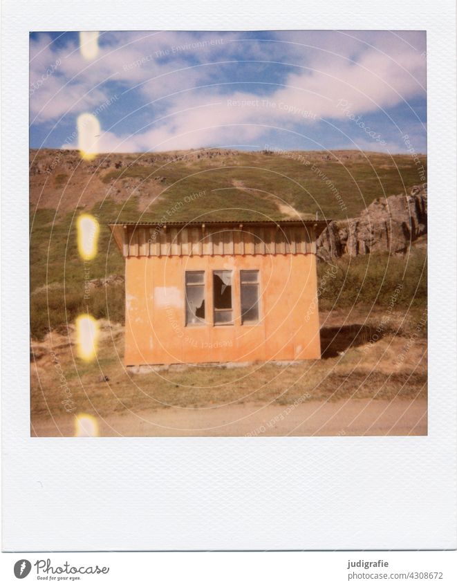 Polaroid of an Icelandic house refuge Nature Landscape Loneliness Building Exterior shot Colour photo Deserted Entrance Goal Wood Living by the water Fjord
