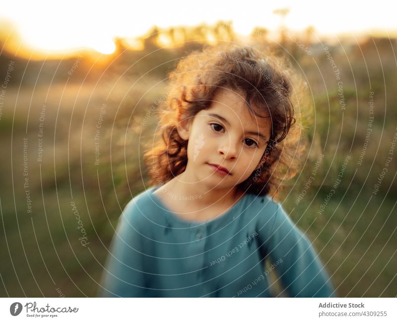 Little girl with curly hair in nature kid field sunset little human face cute portrait child ethnic calm curious tranquil childhood summer adorable countryside