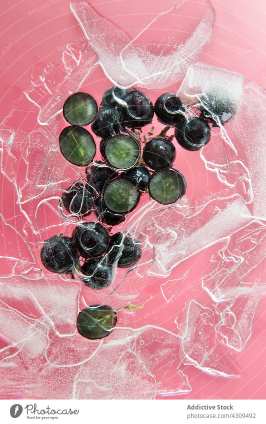 Black grape and ice on pink background fruit fresh natural food organic ripe healthy berry delicious colorful cut sweet vitamin slice dessert juice ingredient