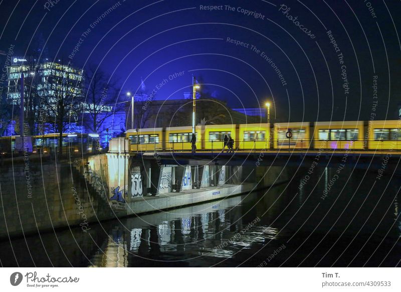 a tram crosses a bridge at night Berlin Tram Night Bridge Middle Channel Reflection Water Architecture Town Germany Evening Winter