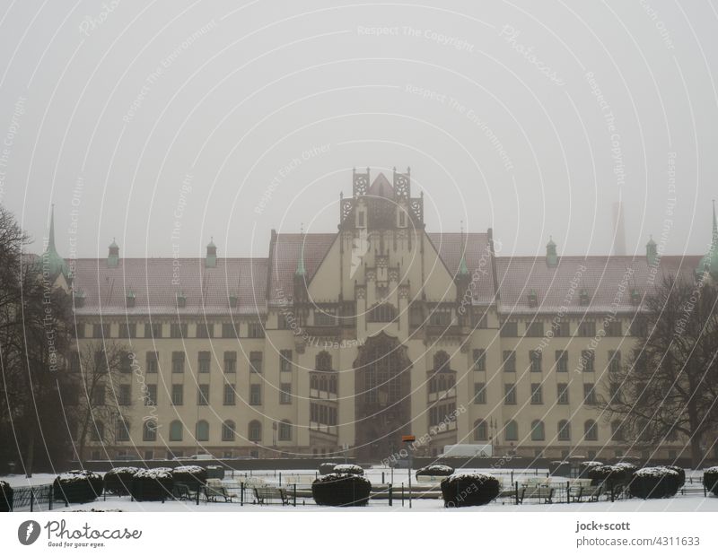 County court on foggy winter day Berlin-Wedding Facade Neogothic Architecture Winter Fog Neutral Background Silhouette Sky Portal Places Style Cold Snow