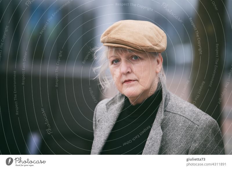 Best Ager Model | Portrait of a self-confident, older woman with white hair and peaked cap Exterior shot portrait Woman Senior citizen willma... 50+ 60+