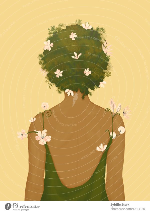 Woman with flowers growning from her dress and hair afro flowers in hair conceptual self-care pink flowers yellow green happiness back leaves mental health