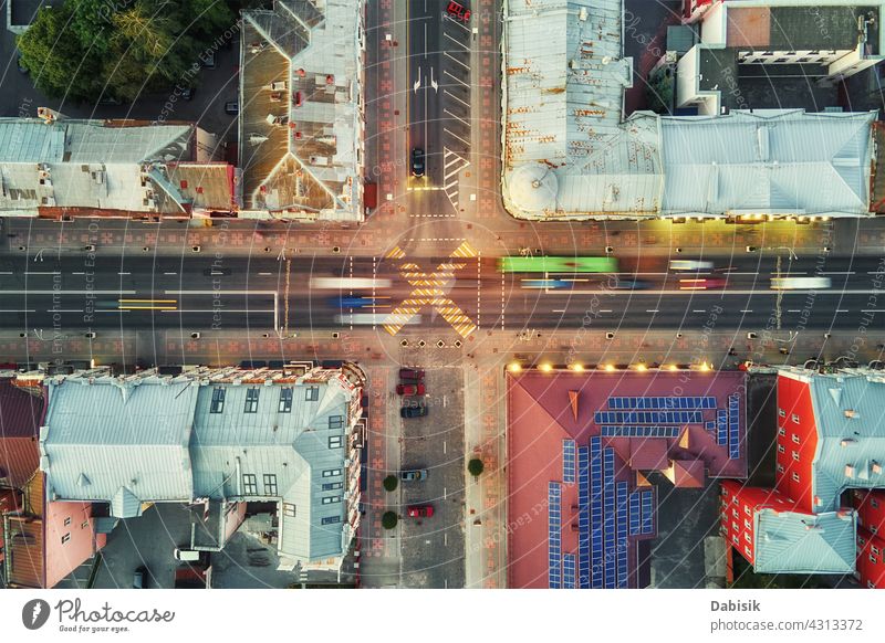 Crosroad in the city with blurred cars crossroad traffic street architecture town aerial belarus aerial view building cityscape country europe landscape outdoor