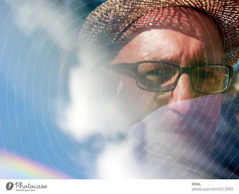 Lost Land Love | man in a cloud portrait Eyeglasses Straw hat reflection Prism Earnest Meditative Lighting effect sunny Shadow