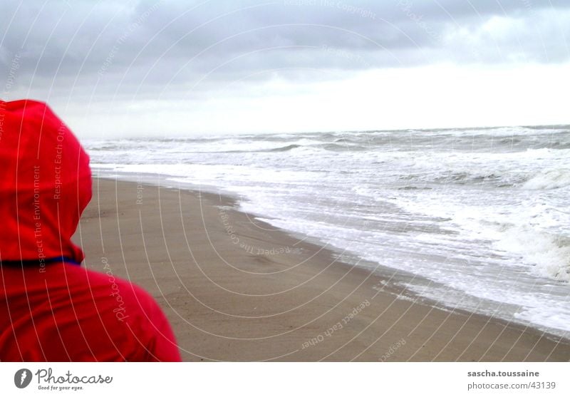 Little Red Riding Hood's Farsightedness Beach Waves Clouds Rain jacket Raincoat Vantage point Infinity Far-off places Denmark Water Sky Looking ...
