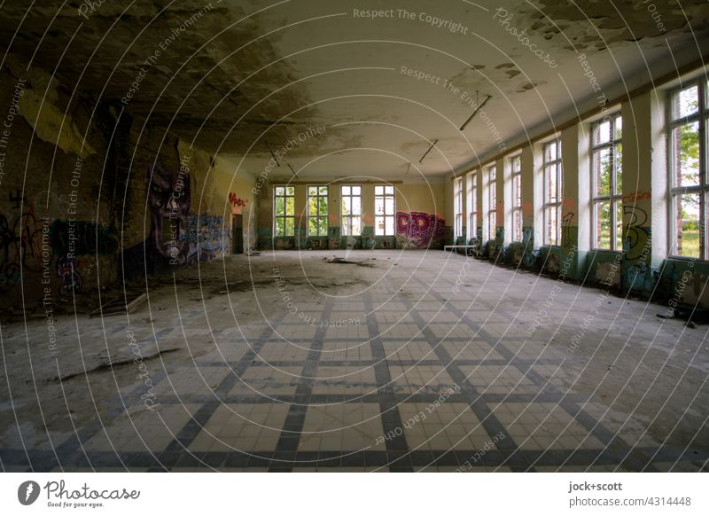 Lost Land Love l great hall with whimsical appearance Hall Room Derelict Window Symmetry Subdued colour Apocalyptic sentiment Architecture Change lost places