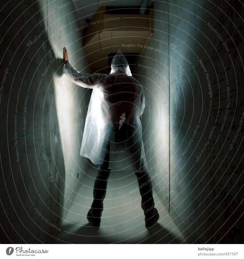 ghost in the shell Human being Masculine Man Adults 1 30 - 45 years Stand Touch Raincoat Intellect Banner Awareness Lighting Eerie Corridor Alley Colour photo