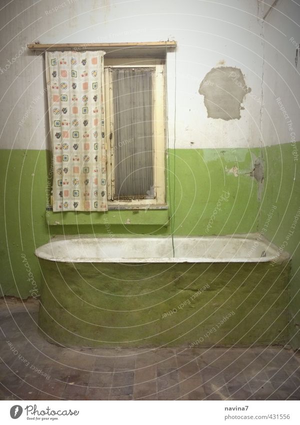 bath Stage Deserted Bathroom Old Build Living or residing Poverty Retro Green Cleanliness Redecorate Old building Drape Plaster Bathtub Multicoloured